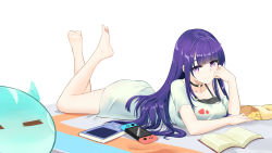 Rule 34 | 1girl, alternate costume, arm rest, barefoot, blunt bangs, book, casual, chips (food), choker, closed eyes, czk, feet, feet up, food, genshin impact, highres, long hair, lying, nintendo switch, off shoulder, on stomach, potato chips, purple eyes, purple hair, raiden shogun, shirt, short sleeves, simple background, slime (genshin impact), smile, solo, the pose, toes, undershirt, white background, white shirt