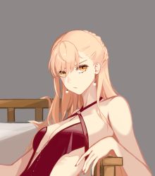 Rule 34 | 1girl, blonde hair, braid, breasts, closed mouth, dress, earrings, french braid, girls&#039; frontline, grey background, hanser, highres, jewelry, long hair, looking at viewer, nail polish, official alternate costume, orange eyes, ots-14 (girls&#039; frontline), ots-14 (ruler of the banquet) (girls&#039; frontline), red dress, small breasts, solo focus