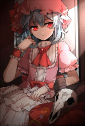 Rule 34 | 1girl, animal skull, brooch, hat, jewelry, looking at viewer, mob cap, puffy short sleeves, puffy sleeves, red eyes, remilia scarlet, shirt, short sleeves, silver hair, sindre, skirt, skull, solo, touhou, wrist cuffs
