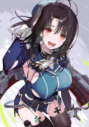 Rule 34 | 1girl, beret, black gloves, black hair, black thighhighs, blue hat, blush, breasts, commentary request, dirty, dirty face, garter straps, gloves, hair between eyes, hat, hayakawa akari, highres, kantai collection, large breasts, long sleeves, looking at viewer, military, military uniform, open mouth, red eyes, rigging, salute, solo, takao (kancolle), thighhighs, torn clothes, torn gloves, twitter username, uniform, water