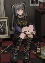 Rule 34 | 1girl, absurdres, band shirt, black footwear, black nails, black ribbon, black shirt, blush, boots, bottle, collar, cross, cross hair ornament, ear piercing, earrings, fingernails, gishiki (gshk), goth fashion, gothic fashion, grey hair, grey skirt, hair ornament, hair ribbon, head tilt, highres, indoors, inverted cross, jewelry, lamp, long sleeves, looking at viewer, merchandise, miniskirt, nail polish, original, own hands together, parted lips, piercing, profanity, punkish gothic, ribbon, ring, shirt, short sleeves, sitting, skirt, smile, studded collar, thigh strap, twintails, yellow eyes