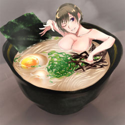 Rule 34 | 1girl, bad id, bad pixiv id, bare shoulders, bath, bowl, breasts, brown hair, cleavage, commentary request, egg, food, holding, holding bowl, kayaooooo, large breasts, noodles, nori (seaweed), nude, one eye closed, original, purple eyes, ramen, short hair, smile, soup, steam
