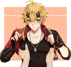 Rule 34 | 1boy, ahoge, black gloves, black shirt, blonde hair, blush, closed mouth, collarbone, commentary request, covered erect nipples, dog tags, ear piercing, fake horns, fingerless gloves, genshin impact, gloves, grabbing, green eyes, hair between eyes, headband, highres, horned headwear, horns, looking at viewer, male focus, pectoral cleavage, pectoral grab, pectorals, piercing, pinchi, ponytail, shirt, simple background, solo focus, sweat, tassel, thoma (genshin impact), two-tone background, upper body