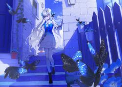 Rule 34 | 1girl, absurdres, black footwear, blue butterfly, blue dress, blue flower, blue hair, blue sky, boots, bug, building, butterfly, dress, expressionless, fence, flower, full body, grey eyes, hair flower, hair ornament, hair over one eye, highres, insect, isekai joucho, kamitsubaki studio, lantern, light blush, long hair, long sleeves, looking at viewer, mikisai, multicolored hair, nemophila (flower), outdoors, pantyhose, plant, potted plant, sky, solo, stairs, two-tone dress, two-tone hair, virtual youtuber, white dress, white hair, white pantyhose