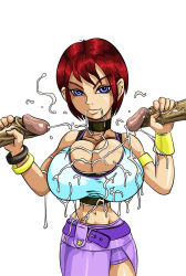 Rule 34 | 1girl, 2boys, arctic ruins, belt, blue eyes, bracelet, breasts, bukkake, cum, cum on body, cum on breasts, cum on clothes, cum on upper body, double handjob, facial, handjob, highres, huge breasts, impossible clothes, impossible shirt, jewelry, kairi (kingdom hearts), kingdom hearts, large breasts, looking at viewer, midriff, multiple boys, penis, red hair, sandwiched, shirt, skirt, smile, solo focus