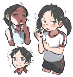 Rule 34 | 3girls, black hair, black shorts, blush, character request, check character, commentary request, cropped legs, cropped shoulders, cropped torso, drooling, grey eyes, grin, gym shirt, half-closed eyes, highres, long hair, looking at viewer, medium hair, multiple girls, nervous sweating, nishikawa noriko, nomura sachiko, open mouth, playing with own hair, ponytail, shirt, short hair, short sleeves, shorts, simple background, sleeveless, sleeveless shirt, smile, sweat, tirarizun, translation request, twintails, urayasu tekkin kazoku, v-shaped eyebrows, wavy mouth, white background, white shirt