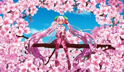 Rule 34 | 1girl, bare shoulders, blue sky, boots, branch, cherry, cherry blossoms, cherry hair ornament, commentary, dappled sunlight, day, detached sleeves, floral background, flower, food, food-themed hair ornament, fruit, hair ornament, hatsune miku, heart, highres, holding, holding branch, in tree, leaf, light smile, long hair, looking at viewer, macha 3939, miniskirt, necktie, outdoors, pink eyes, pink flower, pink hair, pink necktie, pink skirt, pink sleeves, pink theme, pink thighhighs, pleated skirt, sakura miku, shirt, sitting, sitting in tree, sitting on branch, skirt, sky, sleeveless, sleeveless shirt, solo, sunlight, thigh boots, thighhighs, tree, twintails, very long hair, vocaloid, white shirt, wide shot