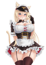 Rule 34 | 1girl, absurdres, alternate costume, animal ear fluff, animal ears, apron, arm behind back, azur lane, bismarck (azur lane), black dress, black gloves, black thighhighs, blonde hair, blue eyes, blush, breasts, cat ears, cat tail, cleavage, closed mouth, collared dress, cowboy shot, cross, dress, enmaided, frilled apron, frilled dress, frills, garter straps, gloves, hair between eyes, highres, iron cross, kemonomimi mode, large breasts, long hair, looking at viewer, maid, maid apron, maid headdress, playing with own hair, short sleeves, sidelocks, simple background, skindentation, solo, standing, tail, thighhighs, visor cap, white apron, white background, whitter