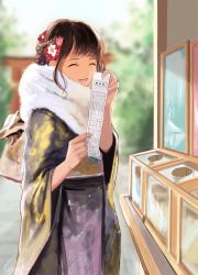 Rule 34 | 1girl, :d, ^ ^, absurdres, black hair, black kimono, blurry, blurry background, closed eyes, commentary request, day, depth of field, facing viewer, floral print, fur collar, gurifu, highres, holding, japanese clothes, kimono, long sleeves, obi, omikuji, open mouth, original, outdoors, print kimono, sash, smile, solo, torii, wide sleeves