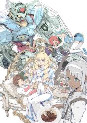 Rule 34 | 2boys, 3girls, absurdres, aqua hair, blonde hair, blue eyes, boots, cake, character request, couch, cup, dark skin, dianna soreil, dress, drill hair, elbow gloves, fingerless gloves, food, frilled sleeves, frills, g-self, gloves, gundam, gundam g no reconguista, hairband, highres, holding, holding cup, juliet sleeves, long sleeves, looking at viewer, loran cehack, lying, mecha, multiple boys, multiple girls, on back, pantyhose, puffy sleeves, red hair, robot, science fiction, short hair, silver hair, sitting, smile, sochie heim, thigh boots, thighhighs, turn a gundam, weapon, white background, white dress, white legwear, yasuda akira, yellow eyes