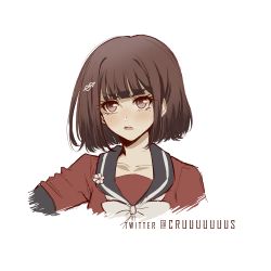 Rule 34 | 1girl, alternate hair length, alternate hairstyle, blunt bangs, brown hair, collarbone, commentary, criis-chan, cropped shoulders, danganronpa (series), danganronpa v3: killing harmony, english commentary, hair ornament, hairclip, harukawa maki, looking at viewer, mole, mole under eye, red eyes, red shirt, sailor collar, shirt, short hair, short sleeves, simple background, solo, twitter username, white background