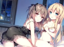 Rule 34 | 2girls, :t, ahoge, all fours, ass, bare arms, bare shoulders, black dress, black ribbon, blonde hair, blue eyes, blue ribbon, blurry, blush, bow, bow bra, bow panties, bra, breasts, brown hair, cleavage, collarbone, depth of field, dress, frilled bra, frills, from side, hair ribbon, head tilt, indoors, light particles, long hair, looking at viewer, looking to the side, medium breasts, mochizuki shiina, multiple girls, navel, night, night sky, on bed, original, panties, parted lips, pillow, pout, red eyes, ribbon, sidelocks, sitting, sky, stomach, strap slip, thighs, two side up, underwear, underwear only, white bra, white panties, window