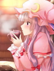 Rule 34 | 1girl, blowing, blunt bangs, blush, book, bookshelf, bow, capelet, crescent, cup, frilled sleeves, frills, from side, hair bow, hat, holding, holding cup, indoors, long hair, long sleeves, mob cap, parted lips, patchouli knowledge, pink shirt, profile, purple eyes, purple hair, ram hachimin, red bow, shirt, sidelocks, solo, steam, touhou, upper body