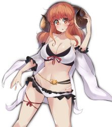 Rule 34 | 1girl, absurdres, anglerfish, anila (granblue fantasy), anila (granblue fantasy) (cosplay), belly chain, bikini, blunt bangs, blush, bow, bow bikini, breasts, cleavage, commentary, cosplay, cowboy shot, curvy, detached sleeves, draph, emblem, eyes visible through hair, fish, frilled sleeves, frills, girls und panzer, granblue fantasy, groin, hand on own head, highres, horns, jewelry, kshimu, large breasts, long hair, looking at viewer, multi-strapped bikini, navel, orange eyes, orange hair, parted lips, sheep horns, simple background, solo, standing, swimsuit, takebe saori, thigh strap, white background, white bikini, white sleeves