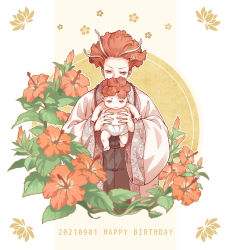 Rule 34 | 2others, androgynous, baby, bead necklace, beads, carrying, carrying person, chinese clothes, covering own mouth, diaper, flower, hair flower, hair ornament, haori, happy birthday, hibiscus, highres, japanese clothes, jewelry, jigokuraku, leaf, looking at another, looking down, medium hair, multicolored hair, multiple others, necklace, orange flower, orange hair, plant, robe, tearing up, two-tone hair, upper body, ushi 424, vines, yellow background, zhu jin