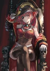 Rule 34 | 1girl, absurdres, belt, black coat, black hat, black thighhighs, breasts, chair, cleavage, closed mouth, coat, covered navel, crossed legs, eyepatch, frills, gloves, hand on headwear, hat, highres, hololive, houshou marine, long hair, looking at viewer, pirate, pirate hat, red eyes, red hair, red skirt, red theme, see-through, see-through cleavage, skirt, skull, solo, suru (seiya), thighhighs, throne, twintails, virtual youtuber, white gloves