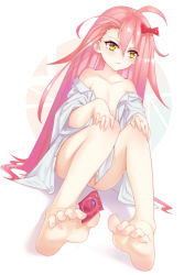 Rule 34 | 1girl, ahoge, asymmetrical bangs, barefoot, between toes, condom, dress shirt, evanyi, feet, flat chest, foreshortening, full body, hair between eyes, hands on own knees, highres, long hair, long sleeves, looking at viewer, no pants, off shoulder, open clothes, open shirt, original, panties, pink hair, shirt, sitting, soles, solo, toes, underwear, very long hair, white panties, white shirt, yellow eyes