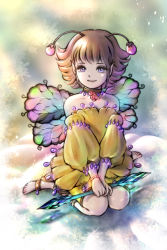 Rule 34 | 1girl, antennae, artist name, barefoot, bead bracelet, beads, bracelet, brown hair, butterfly wings, closed mouth, detached sleeves, eyelashes, fairy, flipped hair, highres, insect wings, jewelry, long sleeves, looking at viewer, multicolored wings, neck ring, original, piyoco, pointy ears, purple eyes, short hair, shorts, sitting, smile, solo, strapless, v arms, wariza, wings, yellow shorts, yellow sleeves