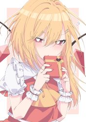 Rule 34 | 1girl, absurdres, alternate hairstyle, ascot, asymmetrical hair, blonde hair, blush, border, bright pupils, crystal, flandre scarlet, gift, hair ornament, hairclip, heart, highres, holding, holding gift, looking at viewer, medium hair, nail polish, no headwear, one side up, pink background, red eyes, red nails, red vest, shirt, short sleeves, simple background, solo, touhou, tsukimirin, upper body, valentine, vest, white border, white pupils, white shirt, wings, wrist cuffs, yellow ascot