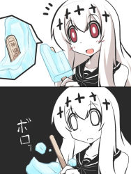 Rule 34 | 10s, 1girl, abyssal ship, aircraft carrier water oni, color drain, food, goma (gomasamune), kantai collection, long hair, popsicle, red eyes, simple background, solo, translated, white hair