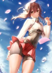 Rule 34 | 1girl, absurdres, bike shorts, blue sky, blush, breasts, brown eyes, brown hair, cherry blossoms, commentary request, etsunami kumita, gluteal fold, gradient background, hair between eyes, hair ornament, headband, headgear, highres, kantai collection, long sleeves, looking at viewer, parted lips, petals, pleated skirt, red skirt, short hair, short shorts, shorts, sideboob, skirt, sky, small breasts, solo, standing, taihou (kancolle), thighs, water drop