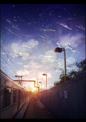 Rule 34 | blue sky, byakuya reki, cloud, no humans, original, railroad tracks, scenery, sky, snow, sunlight, sunset, train