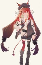 Rule 34 | 1girl, arknights, asymmetrical legwear, belt, black belt, black footwear, black hat, black jacket, black skirt, black thighhighs, blurry, blush, boots, braid, cabbie hat, closed mouth, collared shirt, demon horns, demon tail, depth of field, dobudouhu, dress shirt, flat chest, full body, grey background, hair ornament, hairclip, hand in pocket, hat, highres, horns, jacket, leg wrap, long hair, looking at viewer, low-tied long hair, miniskirt, mismatched legwear, multicolored clothes, multicolored jacket, necktie, open clothes, open jacket, pointy ears, red eyes, red hair, red necktie, red thighhighs, shirt, simple background, skirt, smile, solo, standing, studded belt, tail, thighhighs, twintails, two-tone jacket, vigna (arknights), white jacket, white shirt, wing collar, zettai ryouiki