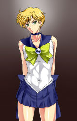 Rule 34 | 1girl, arms behind back, bishoujo senshi sailor moon, blonde hair, blue choker, blue sailor collar, blue skirt, bound, bound arms, bow, bowtie, breasts, brown background, choker, circlet, closed mouth, collarbone, covered navel, cowboy shot, earrings, female focus, gradient background, green bow, green bowtie, green eyes, jewelry, kamo (nobuhide19790717), leotard, looking at viewer, medium breasts, miniskirt, pleated skirt, rope, sailor collar, sailor uranus, shiny skin, short hair, simple background, skirt, solo, standing, ten&#039;ou haruka, tied up, white leotard