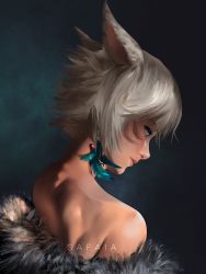 Rule 34 | 1girl, absurdres, animal ears, aqua background, artist name, bare back, blue eyes, cat ears, coat, earrings, feather earrings, feathers, final fantasy, final fantasy xiv, from side, fur coat, gradient background, grey hair, highres, jewelry, lips, miqo&#039;te, profile, safaia, short hair, solo, upper body, y&#039;shtola rhul