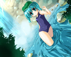 Rule 34 | 1girl, bad id, bad pixiv id, blue eyes, blue hair, dutch angle, female focus, flat chest, hat, kawashiro nitori, kobanzame, looking at viewer, matching hair/eyes, one-piece swimsuit, school swimsuit, short hair, solo, submerged, swimsuit, touhou, twintails, two side up, wading, water, waterfall