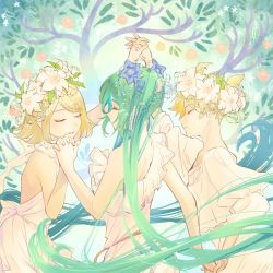Rule 34 | 1boy, 2girls, arms up, backless dress, backless outfit, bare arms, blonde hair, blush, closed eyes, commentary, dress, floating hair, flower, flower wreath, frills, green hair, hair flower, hair ornament, halter dress, halterneck, hatsune miku, head wreath, highres, holding hands, kagamine len, kagamine rin, long hair, multiple girls, nail polish, naimaze atakamo, off-shoulder dress, off shoulder, orange tree, parted lips, profile, rope belt, short hair, thick eyebrows, twintails, very long hair, vocaloid