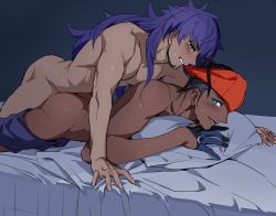 Rule 34 | 2boys, ass, bed, black hair, blush, clothes pull, commentary request, creatures (company), dark-skinned male, dark skin, earrings, facial hair, game freak, gloves, implied sex, indoors, jewelry, leon (pokemon), long hair, male focus, meiji (meiji770), mouth hold, multiple boys, nintendo, nude, on bed, orange eyes, orange headwear, parted lips, partially fingerless gloves, pillow, pokemon, pokemon swsh, purple hair, raihan (pokemon), shorts, shorts pull, single glove, sweat, undercut, yaoi