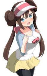 Rule 34 | 1girl, aikawa ryou, black pantyhose, blue eyes, blush, breasts, brown hair, collarbone, commentary request, creatures (company), double bun, game freak, hair bun, happy, highres, large breasts, long hair, looking at viewer, nintendo, open mouth, pantyhose, pokemon, pokemon bw2, raglan sleeves, rosa (pokemon), simple background, skirt, smile, solo, twintails, visor cap, yellow skirt