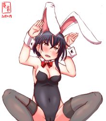 Rule 34 | 1girl, alternate costume, animal ears, artist logo, asymmetrical hair, black hair, black leotard, bow, bowtie, brown eyes, cameltoe, cleft of venus, commentary request, covered navel, dated, detached collar, fake animal ears, grey thighhighs, hair between eyes, highres, i-13 (kancolle), kanon (kurogane knights), kantai collection, leotard, looking at viewer, open mouth, playboy bunny, rabbit ears, rabbit pose, rabbit tail, red bow, red bowtie, round teeth, short hair, simple background, solo, squatting, strapless, strapless leotard, tail, teeth, thighhighs, tsurime, upper teeth only, white background