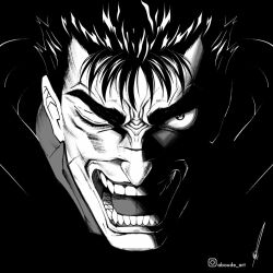 Rule 34 | 1boy, aboude art, artist name, berserk, black hair, commentary, guts (berserk), injury, instagram logo, instagram username, limited palette, looking at viewer, male focus, one eye closed, open mouth, scar, scar on face, scar on nose, short hair, signature, solo, spot color, teeth