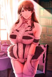 Rule 34 | 1girl, armband, bare shoulders, breasts, brown hair, gloves, hand on own cheek, hand on own face, huge breasts, indoors, looking at viewer, maguro teikoku, maid headdress, mature female, neck ribbon, original, parted lips, pink thighhighs, purple eyes, red ribbon, ribbon, smile, solo, standing, thighhighs, white gloves