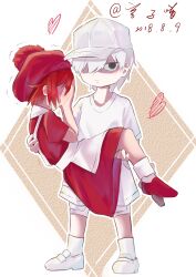 Rule 34 | 1boy, 1girl, :&lt;, absurdres, ae-3803, aged down, apron, artist name, baseball cap, black eyes, blush, brown background, carrying, chinese commentary, closed mouth, collarbone, colored skin, commentary, covering face, dated, dress, embarrassed, erythroblast (hataraku saibou), full-face blush, full body, hair over one eye, hand blush, hand on another&#039;s back, hand on another&#039;s leg, hands on own face, hat, hataraku saibou, heart, highres, jitome, loafers, longyanmiao, looking at viewer, myelocyte (hataraku saibou), outline, pale skin, pom pom (clothes), princess carry, red dress, red footwear, red hair, red headwear, sanpaku, shirt, shoes, short hair, short sleeves, shorts, sidelocks, signature, socks, t-shirt, tam o&#039; shanter, trembling, u-1146, very short hair, white apron, white background, white footwear, white outline, white shirt, white shorts, white skin, white socks