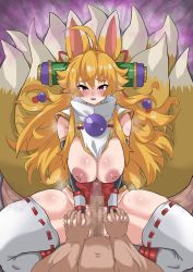 Rule 34 | 1boy, 1girl, absurdres, ahoge, animal ears, blonde hair, blush, breasts, clothed female nude male, commentary request, detached sleeves, fox ears, fox girl, fox tail, hair between eyes, hetero, highres, imminent penetration, imminent vaginal, inverted nipples, izuna (shinrabanshou), kitsune, kyuubi, large breasts, long hair, looking at viewer, messy hair, multiple tails, nipples, nude, open mouth, penis, pink background, pov, red eyes, ribbon-trimmed legwear, ribbon trim, scroll, sema (mekemeke king), shinrabanshou, solo focus, tabard, tail, thighhighs, white thighhighs