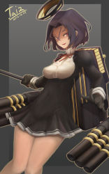 Rule 34 | 10s, 1girl, 2016, artist name, breasts, commentary request, covered navel, gloves, halo, highres, kantai collection, long sleeves, looking at viewer, lousun, mechanical halo, medium breasts, open mouth, short hair, solo, tatsuta (kancolle), weapon