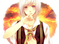 Rule 34 | 1boy, bad id, bad pixiv id, blue eyes, covered mouth, green eyes, hand on own chest, heterochromia, male focus, petarou, pinky out, solo, sunset, tears, upper body, utatane piko, vest, vocaloid, white hair