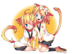 Rule 34 | 1boy, 1girl, ahoge, animal ears, bad id, bad pixiv id, blonde hair, blush, bow, brother and sister, cat ears, cat tail, child, collar, electric plug, hair bow, hair ornament, hair ribbon, hairclip, itamidome, itamitome, kagamine len, kagamine rin, kneeling, one eye closed, ribbon, short hair, shorts, siblings, smile, tail, trap, twins, vocaloid, wink