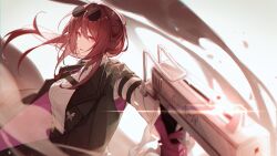 Rule 34 | 1girl, absurdres, aiming, arm belt, belt, black belt, black jacket, blurry, blurry foreground, cleavage cutout, clothing cutout, eyewear on head, floating hair, gun, hair between eyes, highres, holding, holding gun, holding weapon, honkai: star rail, honkai (series), jacket, jeanbeansprout, kafka (honkai: star rail), long hair, looking at viewer, multiple belts, open clothes, open jacket, outstretched arm, parted lips, ponytail, purple eyes, purple hair, round eyewear, shirt, sidelocks, solo, submachine gun, sunglasses, upper body, weapon, white background, white shirt