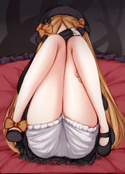 Rule 34 | 1girl, abigail williams (fate), ass, bad id, bad pixiv id, black bow, black dress, black footwear, black hat, blonde hair, bloomers, bow, covering face, dress, fate/grand order, fate (series), forehead, hair bow, hat, highres, irokari, knees together feet apart, knees up, legs, long hair, lying, multiple bows, on back, orange bow, parted bangs, ribbed dress, sleeves past fingers, sleeves past wrists, thighs, underwear, white bloomers