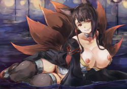 Rule 34 | 1girl, akagi (azur lane), animal ears, azur lane, bad id, bad pixiv id, breasts, brown hair, cleavage, collarbone, eyeliner, female pubic hair, fox ears, fox tail, grin, hair tubes, japanese clothes, large breasts, long hair, looking at viewer, lying, makeup, multiple tails, nipples, no panties, off shoulder, on side, partially submerged, pubic hair, red eyes, smile, solo, tail, thighhighs, wide sleeves, yohane