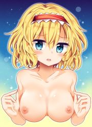 Rule 34 | 1girl, alice margatroid, bad id, bad twitter id, blonde hair, blue background, blue eyes, blush, breasts, collarbone, gradient background, hairband, highres, large breasts, looking at viewer, maturiuta sorato, nipples, nude, parted lips, red hairband, solo, touhou, upper body, yellow background