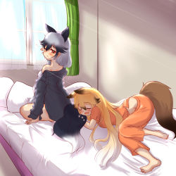 Rule 34 | 2girls, absurdres, animal ears, awake, bare shoulders, bed, blonde hair, blush, bottomless, breast hold, breasts, brown eyes, closed mouth, commentary, commentary request, extra ears, closed eyes, ezo red fox (kemono friends), fox ears, fox girl, fox tail, hakumaiya, highres, indoors, kemono friends, long hair, lying, midriff, multicolored hair, multiple girls, on side, one eye closed, open mouth, orange pajamas, pajamas, silver fox (kemono friends), sitting, sleeping, tail, two-tone hair, white hair, zzz