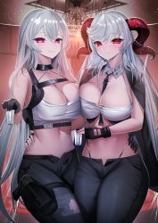 Rule 34 | 2girls, avrora (azur lane), avrora (not cut out for this?) (azur lane), azur lane, between breasts, black choker, black gloves, black jacket, black pants, blush, breasts, choker, cleavage, closed mouth, crop top, crossover, cup, denim, desert eagle, detached collar, drinking glass, feet out of frame, fingerless gloves, fire emblem, fire emblem heroes, freyja (fire emblem), gdat, gloves, gun, hand on another&#039;s waist, handgun, harness, highres, holding, holding cup, holster, holstered, horns, jacket, jacket on shoulders, jeans, large breasts, lips, long hair, looking at viewer, multiple girls, navel, nintendo, official alternate costume, open fly, pants, purple eyes, red eyes, red horns, revision, shirt, shot glass, smile, sovetskaya rossiya (azur lane), sovetskaya rossiya (the lackadaisical lookout) (azur lane), standing, tank top, thigh holster, torn clothes, torn pants, weapon, whale tail (clothing), white hair, white shirt, white tank top
