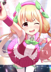 Rule 34 | 1girl, ahoge, beret, blonde hair, blush, bo (bo), bow, bowtie, buttons, collared shirt, commentary request, cowboy shot, dot nose, futaba anzu, green bow, green bowtie, hair bow, hat, highres, holding, holding microphone, holding stuffed toy, idol, idolmaster, idolmaster cinderella girls, long hair, looking at viewer, low twintails, microphone, nervous smile, one eye closed, open mouth, outstretched arms, pink eyes, pink hat, pink skirt, pink vest, pink wristband, shirt, sidelocks, skirt, smile, solo, sparkle, striped clothes, striped skirt, striped vest, stuffed animal, stuffed rabbit, stuffed toy, sweat, thigh bow, thighhighs, twintails, v-shaped eyebrows, vest, white shirt, white thighhighs, wristband