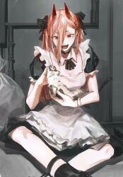 Rule 34 | 1girl, alternate costume, apron, black bow, bow, brown hair, cat, chainsaw man, detached collar, enmaided, fangs, hair between eyes, hair bow, highres, horns, long hair, looking at another, looking down, maid, maid apron, meowy (chainsaw man), open mouth, power (chainsaw man), red eyes, red horns, smile, twintails, white apron, white cat, yode