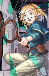 Rule 34 | 1girl, belt pouch, blonde hair, blue capelet, broken glass, capelet, crack, cracked glass, dungeon meshi, elf, glass, green eyes, holding, holding staff, marcille donato, open mouth, pants, phoen, pointy ears, pouch, shattered, solo, staff, white pants